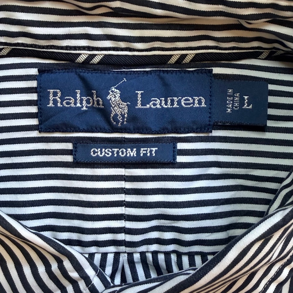 Vintage Ralph Lauren Button Down Shirt Men Large Black White Striped Custom Fit - Picture 6 of 10